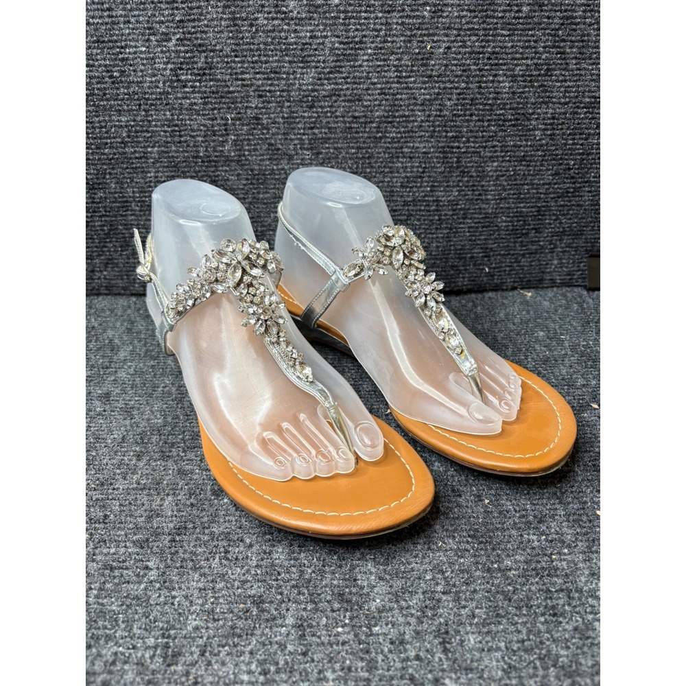 Unisa Loyalty-T Silver Rhinestone T-Strap Wedge Sandals Womens 8.5M
